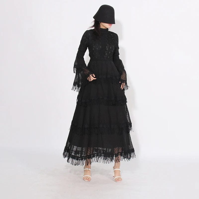 CHICEVER Stand Collar Flare Sleeve High Waist Patchwork Mesh Dresses Long Sleeve Women Long Dress