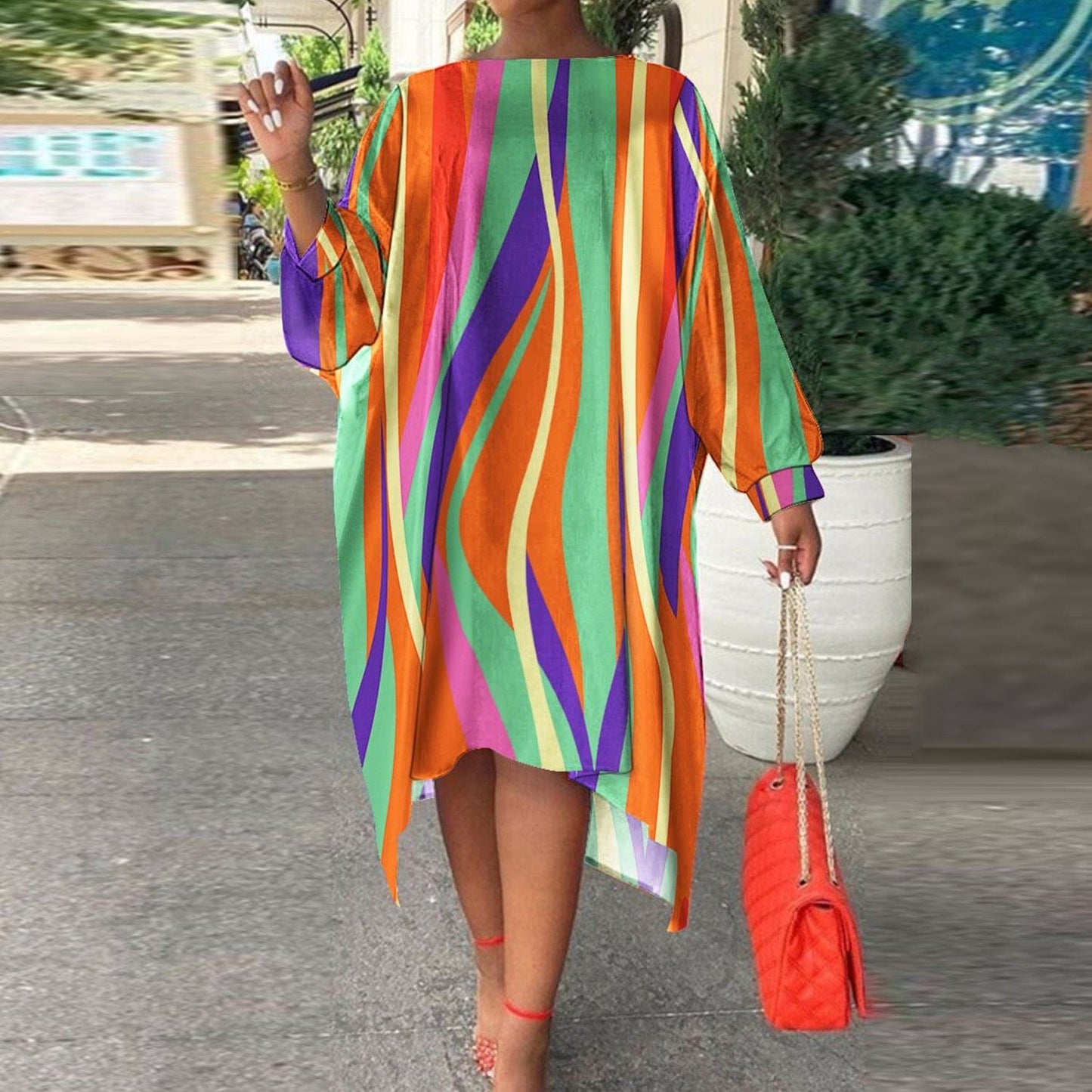 Classic Abstract Women Stripped Loose Shirt Dress Long Sleeve Dresses Women Lady Elegant Midi Large Size Plus Size Women Dress