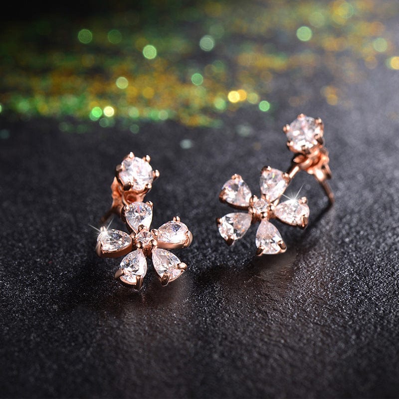 Copper plating rose gold Five Petals Flower Screw Earrings Stud for Women Girl Back Hanging Zircon Ear Hole Dating Piercing Jewelry