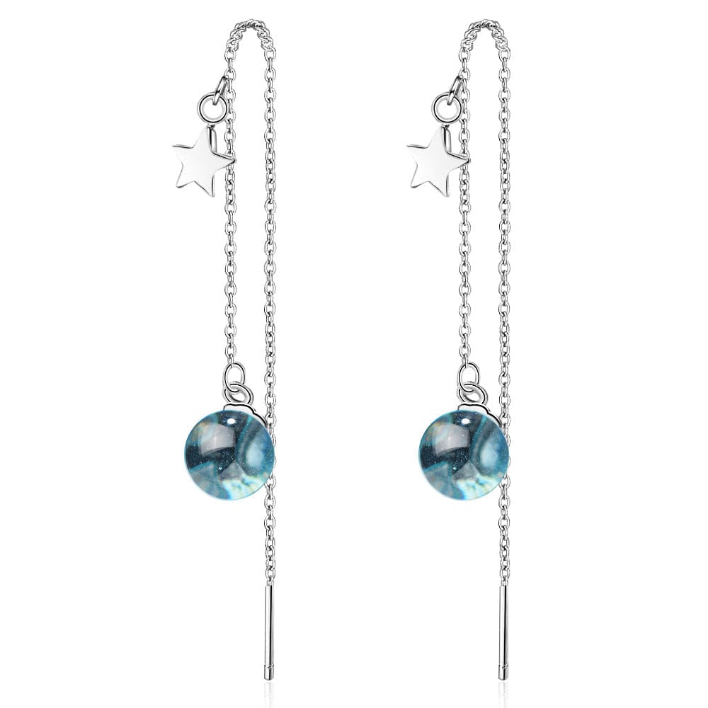 Copper White gold plated Fantastic Blue Planet Crystal Bead Long Tassel Earrings with Star Embellished for Women Gift