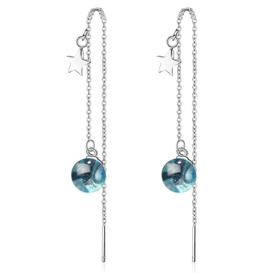 Copper White gold plated Fantastic Blue Planet Crystal Bead Long Tassel Earrings with Star Embellished for Women Gift