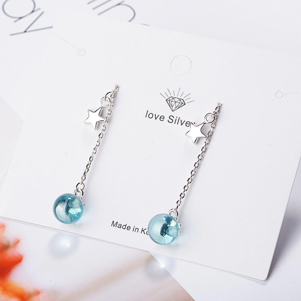 Copper White gold plated Fantastic Blue Planet Crystal Bead Long Tassel Earrings with Star Embellished for Women Gift