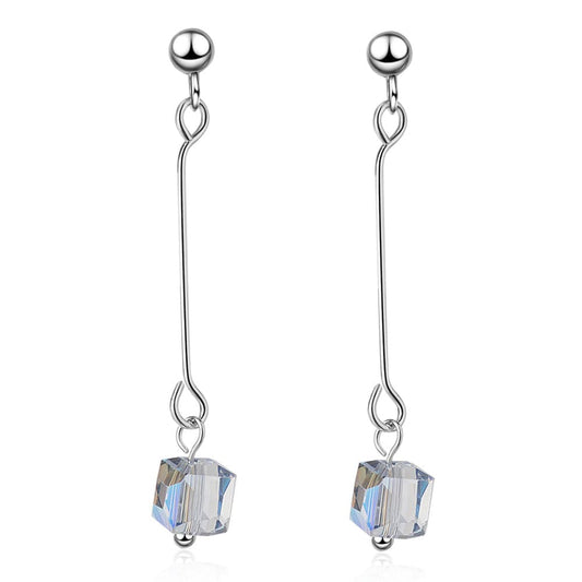 Copper White gold plated New Women Long Tassel Aurora Sugar Cube Square 925 Sterling Silver Temperament Personality Fashion Female Dangle Stud Earrings