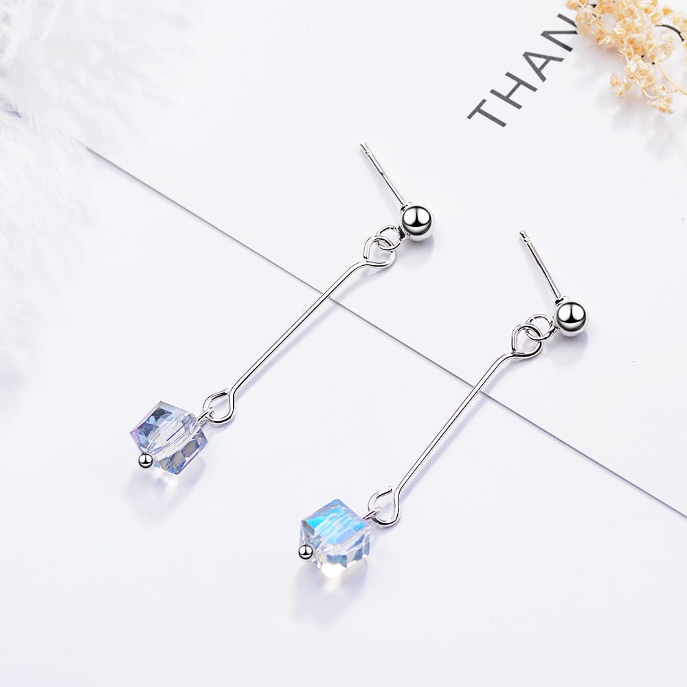 Copper White gold plated New Women Long Tassel Aurora Sugar Cube Square 925 Sterling Silver Temperament Personality Fashion Female Dangle Stud Earrings