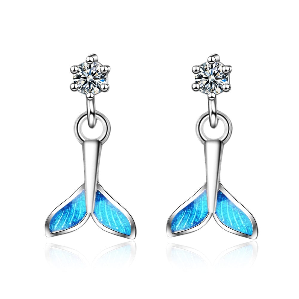 Copper White gold plated Sole Memory Blue Fishtail Zircon Cute Fresh Sweet Fashion Female Dangle Earrings