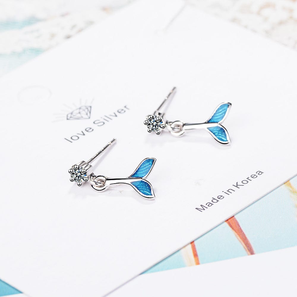 Copper White gold plated Sole Memory Blue Fishtail Zircon Cute Fresh Sweet Fashion Female Dangle Earrings