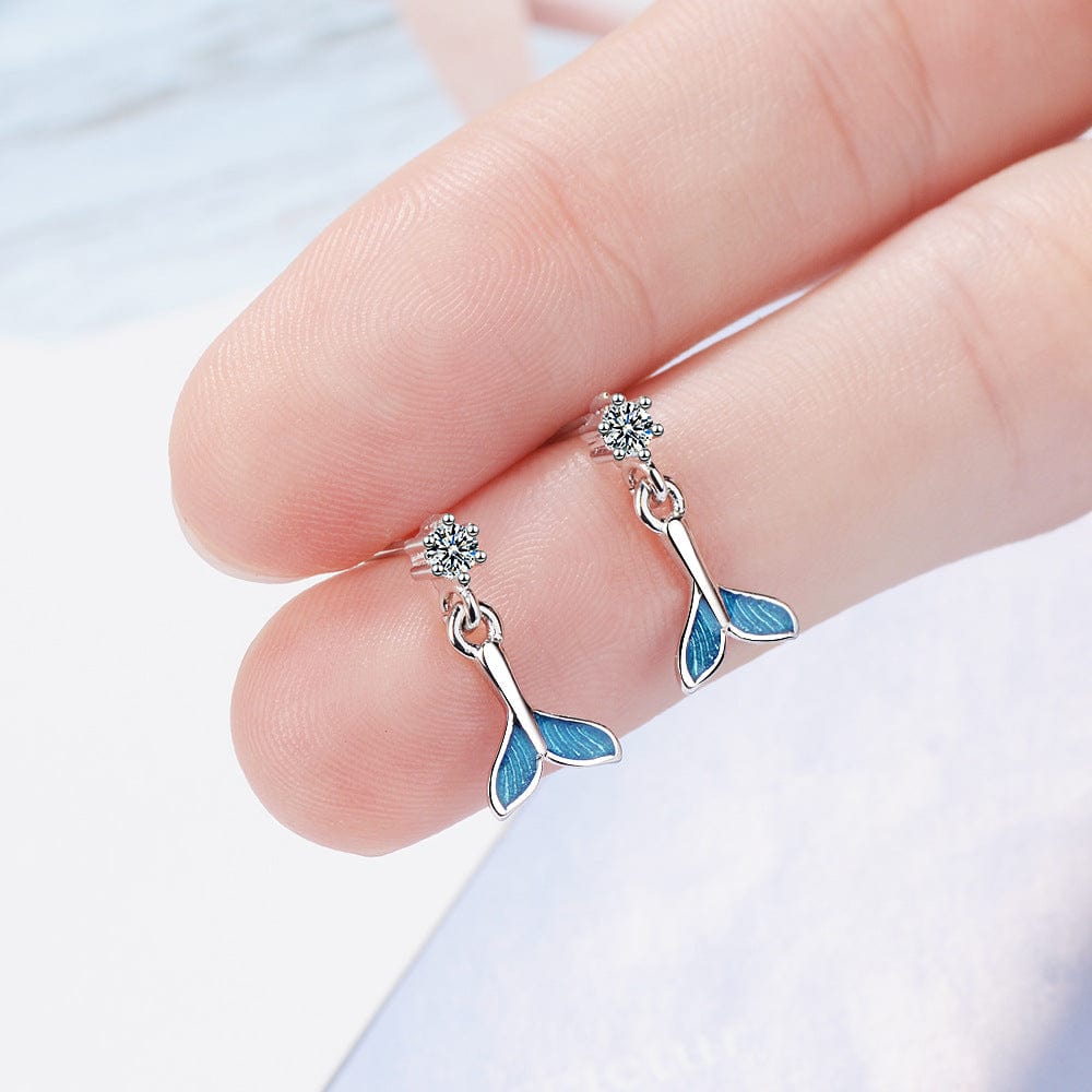 Copper White gold plated Sole Memory Blue Fishtail Zircon Cute Fresh Sweet Fashion Female Dangle Earrings