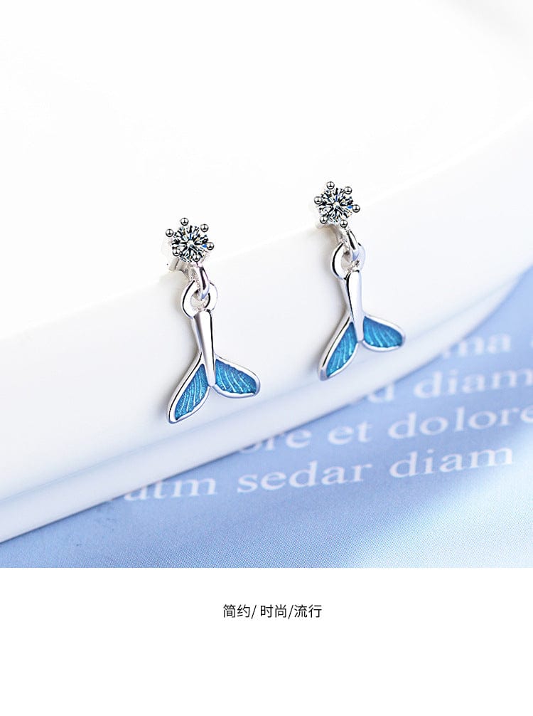 Copper White gold plated Sole Memory Blue Fishtail Zircon Cute Fresh Sweet Fashion Female Dangle Earrings