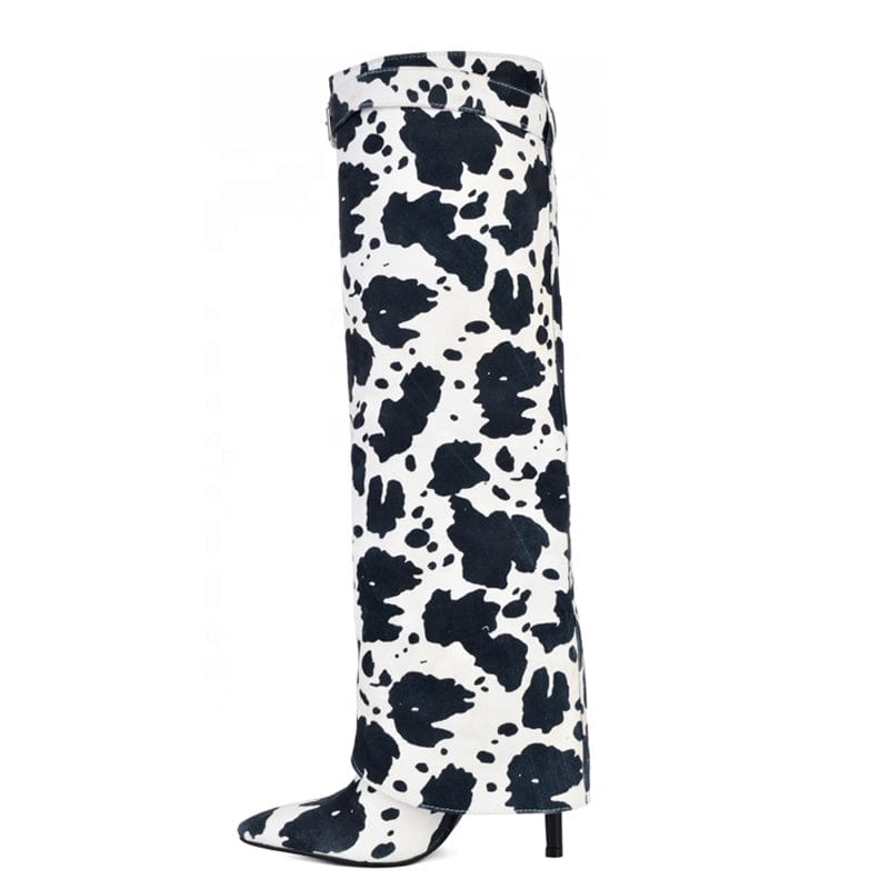 Cow Print Thin High-Heeled Pointed Toe Overlay Shoes Stiletto Pants Boots Women's Folded Over Knee High Booties