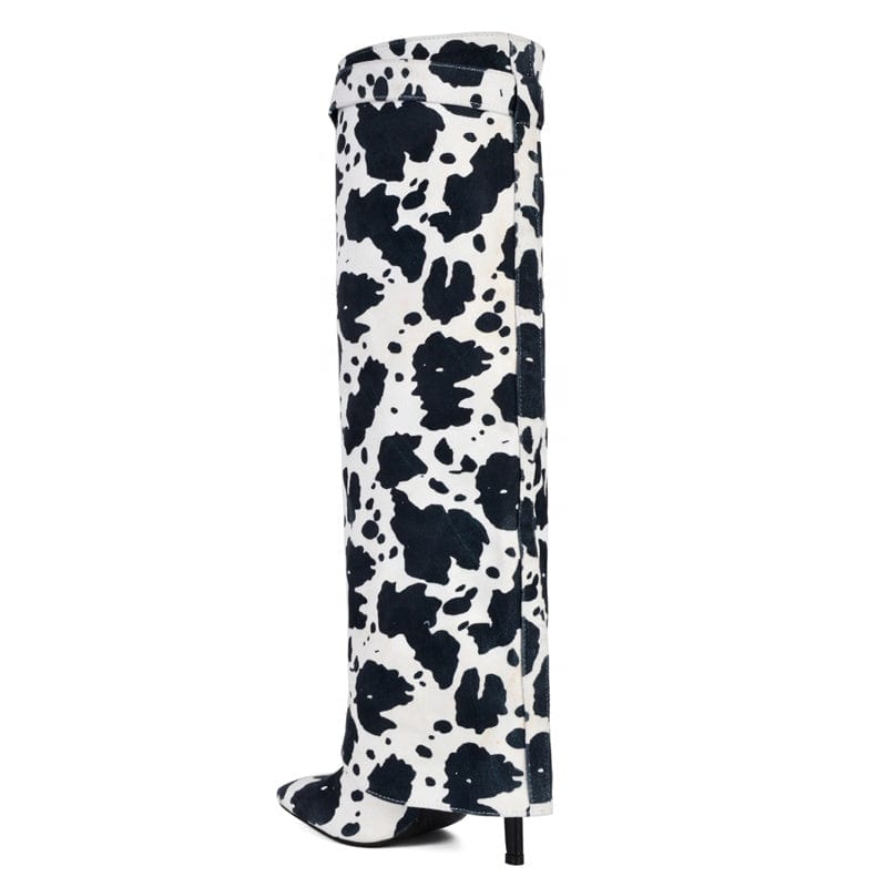 Cow Print Thin High-Heeled Pointed Toe Overlay Shoes Stiletto Pants Boots Women's Folded Over Knee High Booties