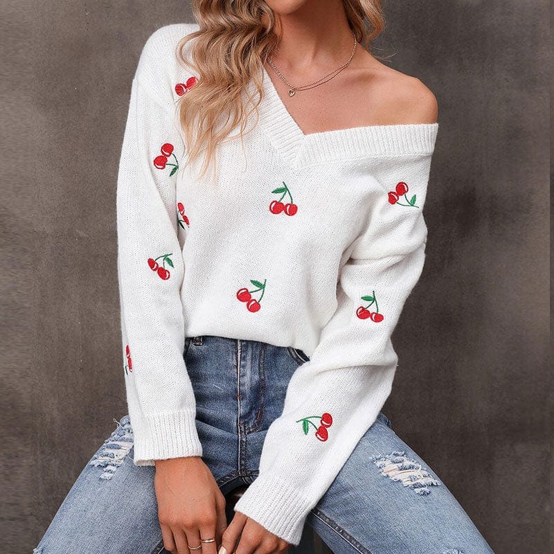 Cross-Border Autumn Winter New Loose Casual Sweater Cherry Embroidery V-Neck Pullover Women