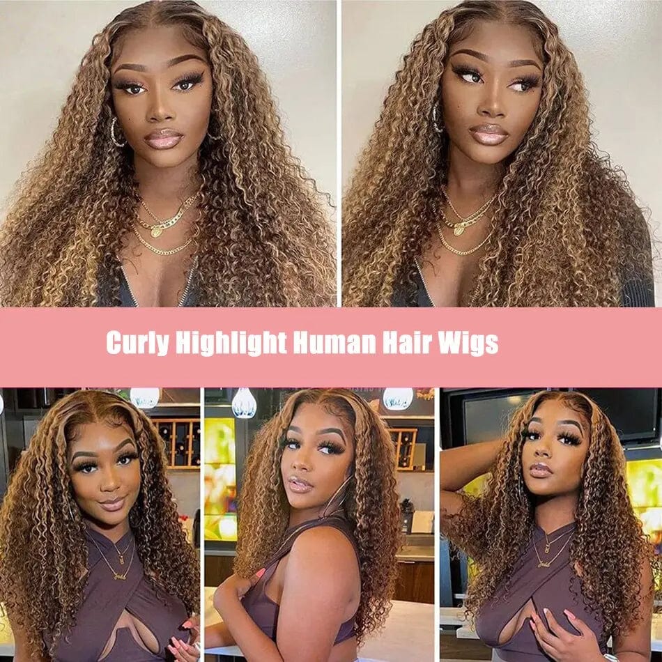 Curly Human Hair Wig Honey Blonde Ombre 13x1