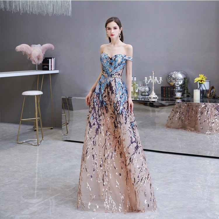 custom / As picture showned Ladies Sequins off Shoulder Evening Gown Floor-length Party Wear  Evening Dresses