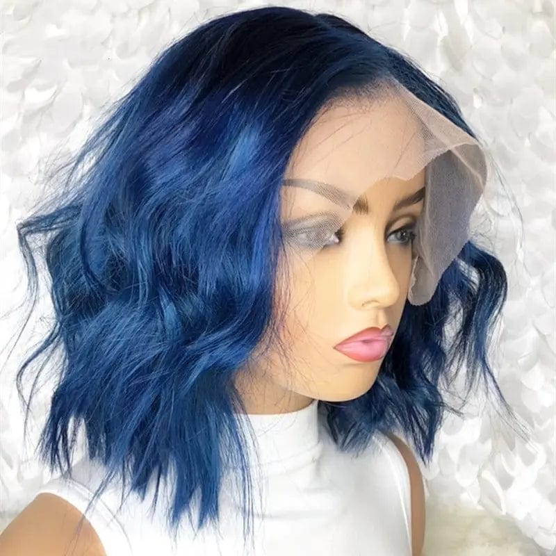 Customized Ombre Blue Bob Wavy Wigs HD Lace