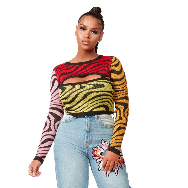 Cutenova X22TP572 Fall Loungewear Streetwear Zebra Hollow Out Sweater Fashion Crop Top Women