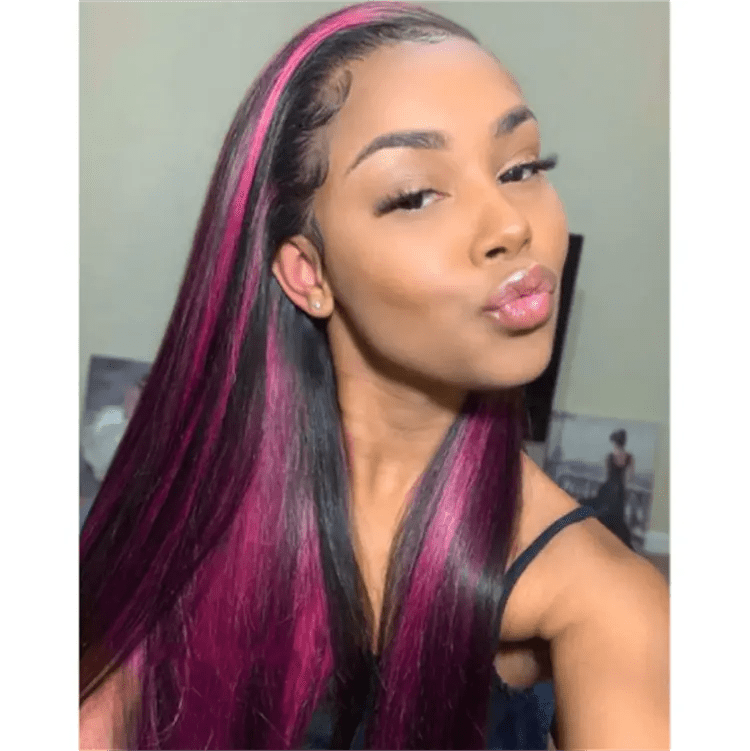 Cuticle Aligned Bone Straight Natural Black Pink Wig