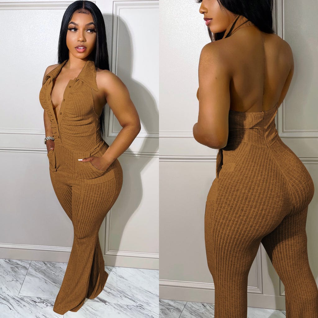 Deep V Neck Sexy Backless Ribbed Summer Woman Outfit Jumpsuit With Pocket Cheap Jumpsuit Palazzo Pant Wide Leg Jumpsuit Women