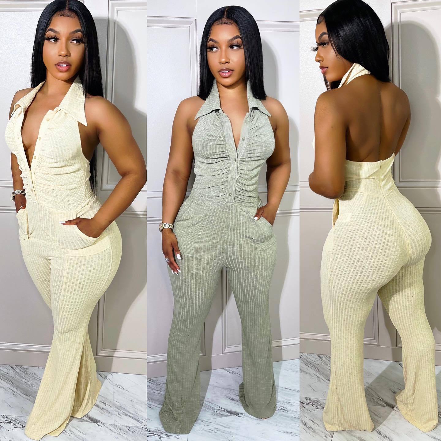 Deep V Neck Sexy Backless Ribbed Summer Woman Outfit Jumpsuit With Pocket Cheap Jumpsuit Palazzo Pant Wide Leg Jumpsuit Women