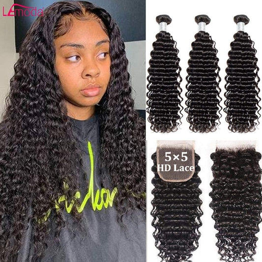 Deep Wave Human Hair Bundles With Closure Deep Curly Water Wave Hair Bundles With Frontal Closure 5x5 4x4 HD Lace Extensions