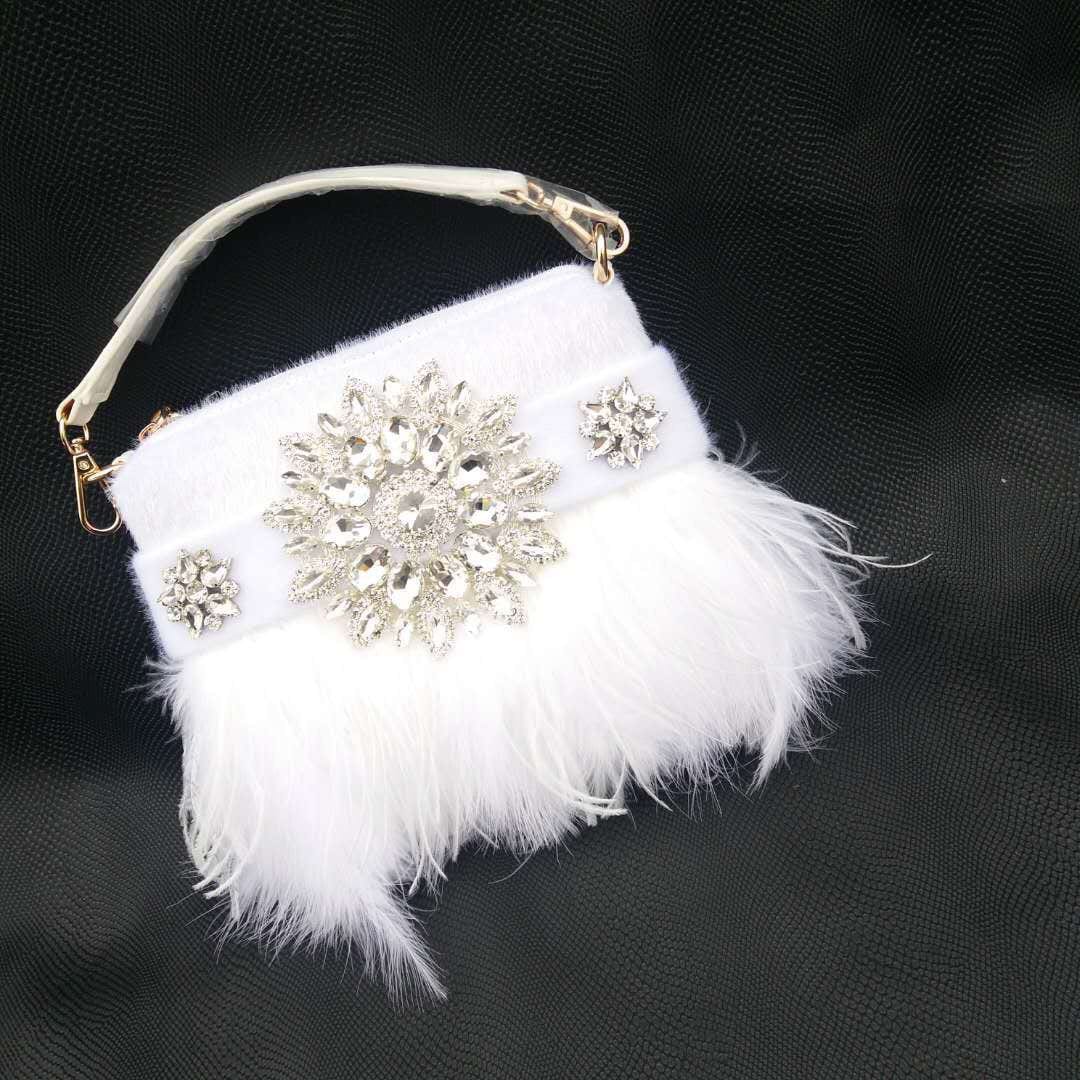 Designer Wedding Party Handbag Rhinestone Feather Evening Tote Bag Ladies Luxury Ostrich Fur Women Purse and Handbag