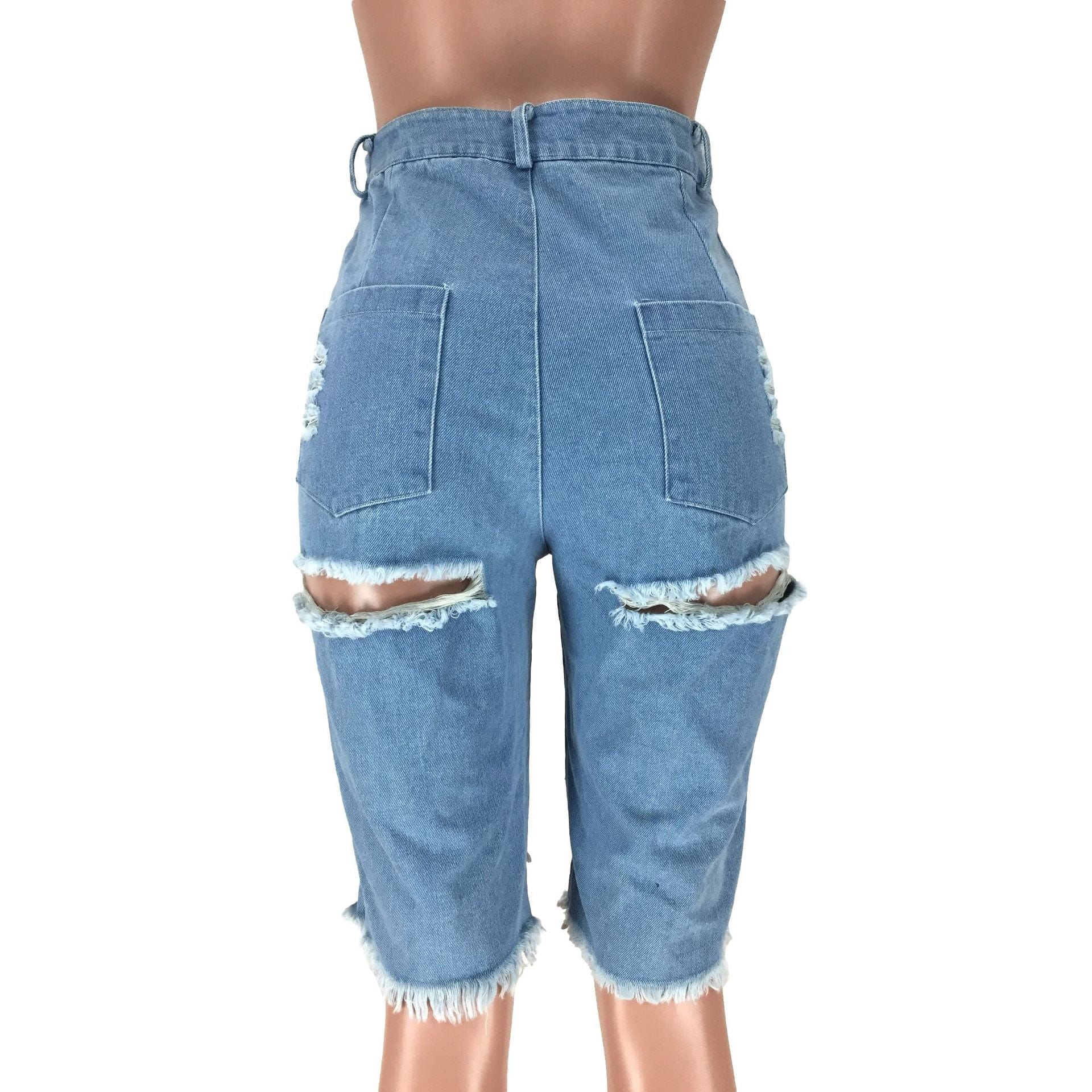 Distressed skinny short pants ripped cut up stacked blue denim jean biker shorts women