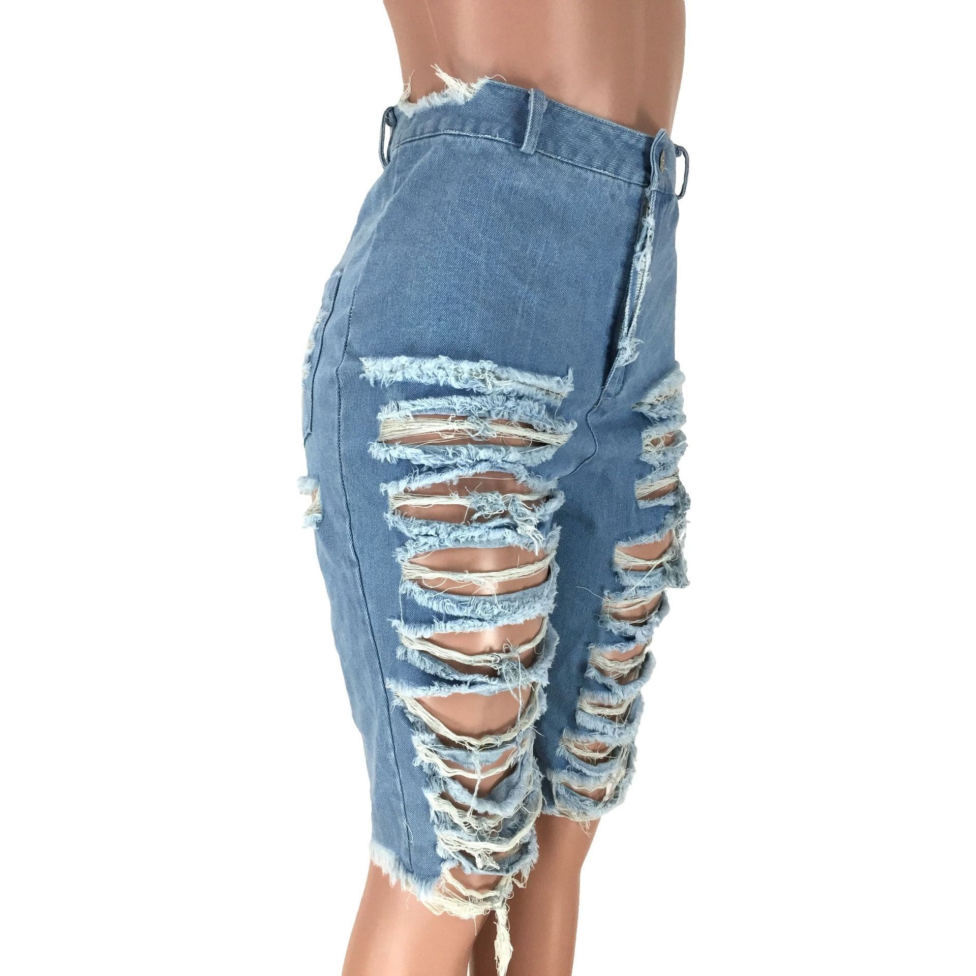 Distressed skinny short pants ripped cut up stacked blue denim jean biker shorts women