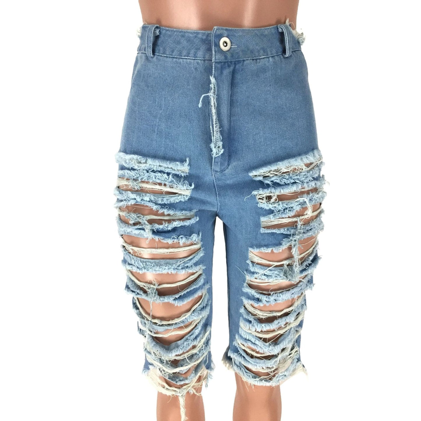 Distressed skinny short pants ripped cut up stacked blue denim jean biker shorts women