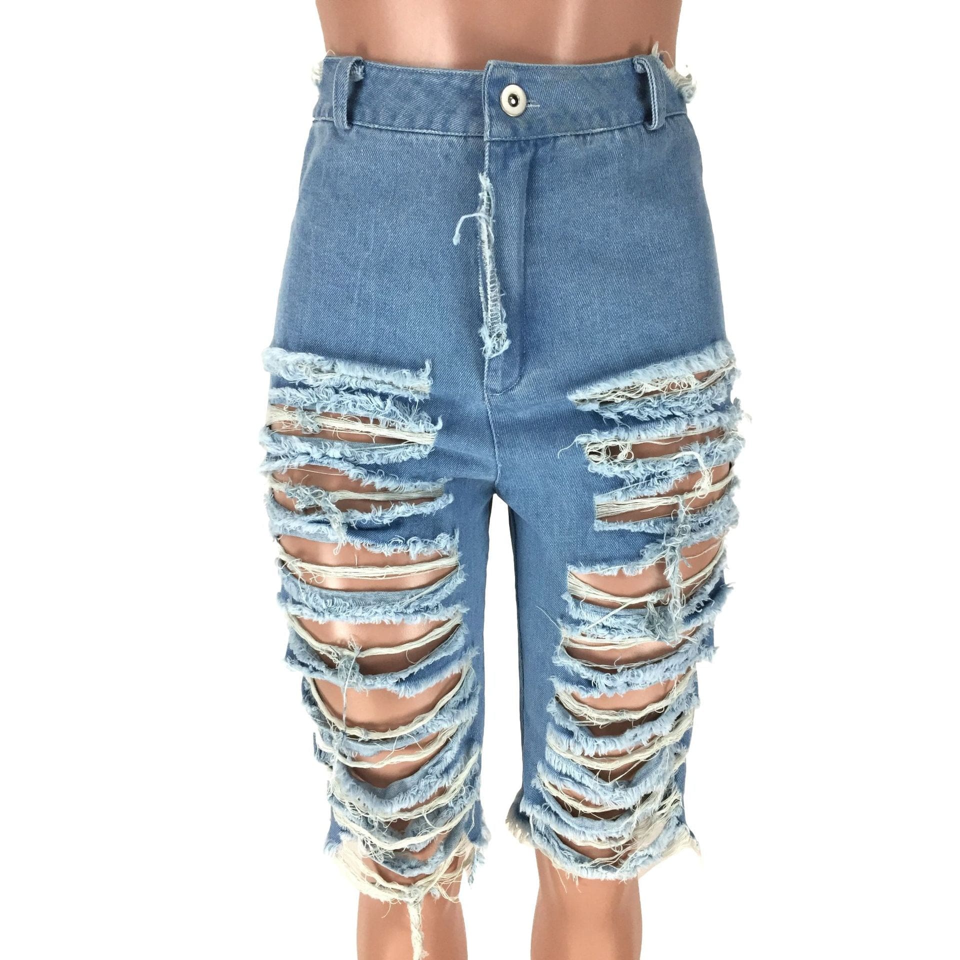 Distressed skinny short pants ripped cut up stacked blue denim jean biker shorts women