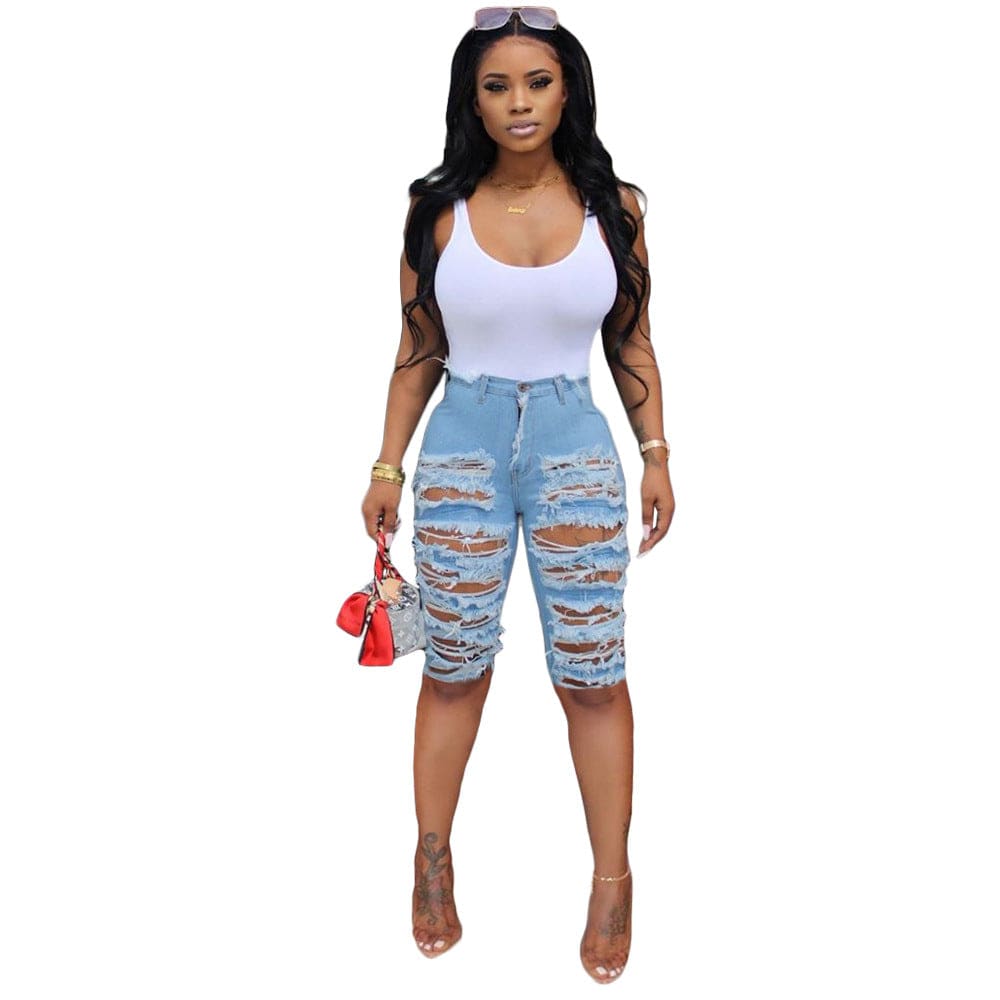 Distressed skinny short pants ripped cut up stacked blue denim jean biker shorts women