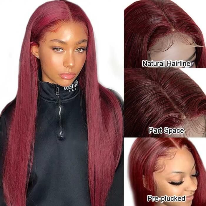 Double Drawn Double Weft Pre Plucked Wigs Human Hair 99j, Straight Closure Frontl 99j Wig,raw Virgin Hair Wig 99j 1b