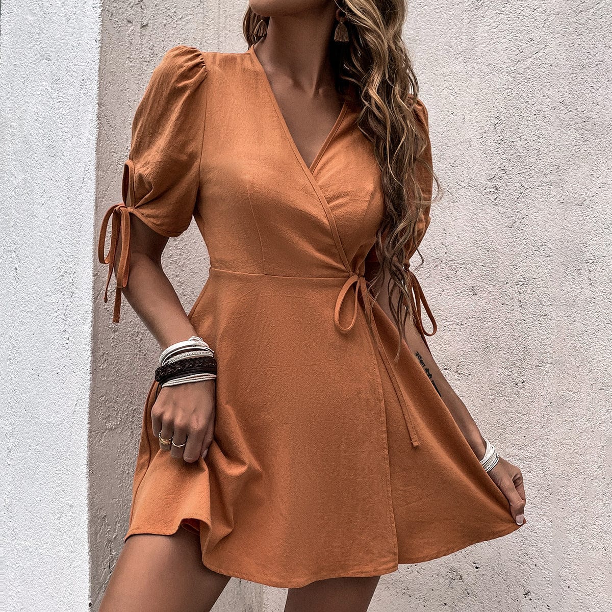 Dropshipping 2022 New Summer Women's V-neck Tie Split Solid Midi Dress Casual Printed Elegant Beach Dresses