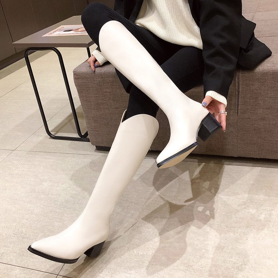 Dropshipping women knight boots winter ladies pointed toe high heel boots PU leather knee high boots