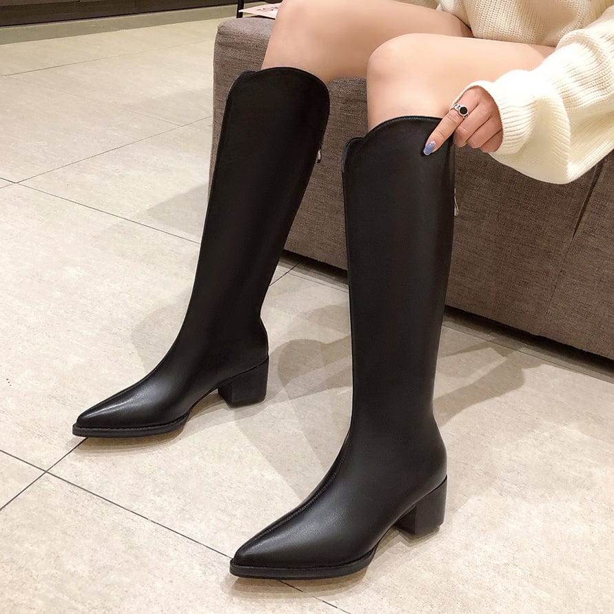 Dropshipping women knight boots winter ladies pointed toe high heel boots PU leather knee high boots