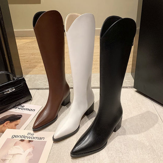 Dropshipping women knight boots winter ladies pointed toe high heel boots PU leather knee high boots