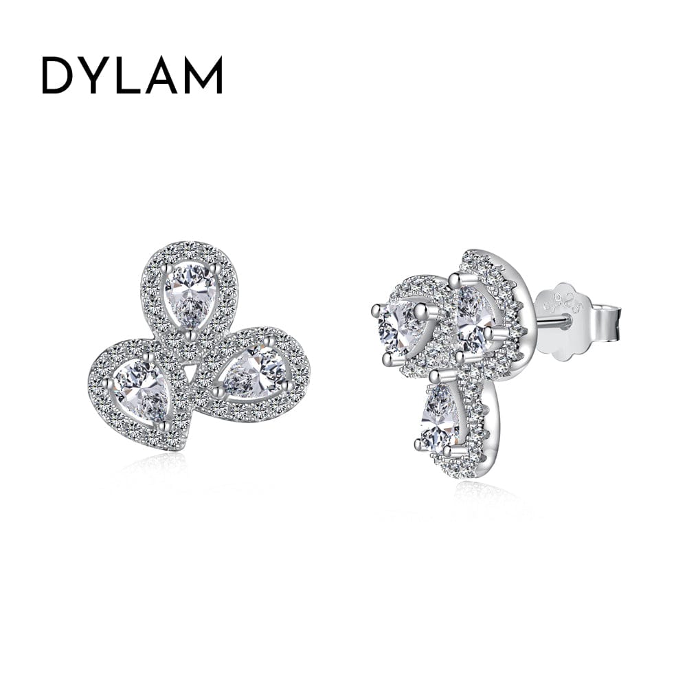 DY1D0279-S-W-WH Dylam Exclusive 925 Sterling Silver Rhodium Plated Three Stones Waterdrop Shape 5A Cubic Zirconia Cluster Stud Earrings