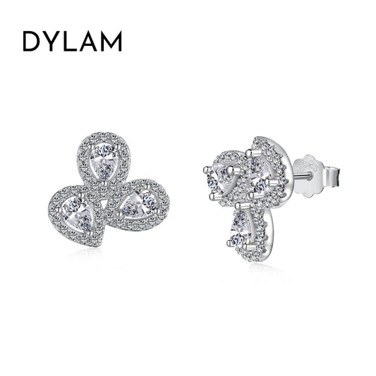 Dylam Exclusive 925 Sterling Silver Rhodium Plated Three Stones Waterdrop Shape 5A Cubic Zirconia Cluster Stud Earrings