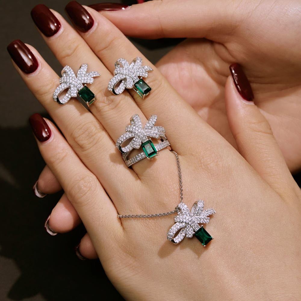 Dylam New Design Fashion Fine Jewelry 925 Sterling Silver Rhodium Plated Women Emerald 5A Cubic Zirconia Bow Knot Rings