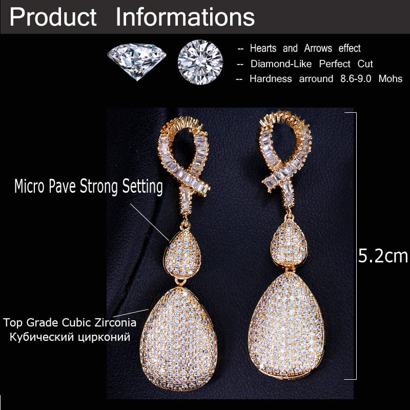 E0010 Good Quality Wedding Evening Dress Gold Plate Jewelry Micro Pave Cubic Zirconia Stones Long Drop Golden Earrings for Women