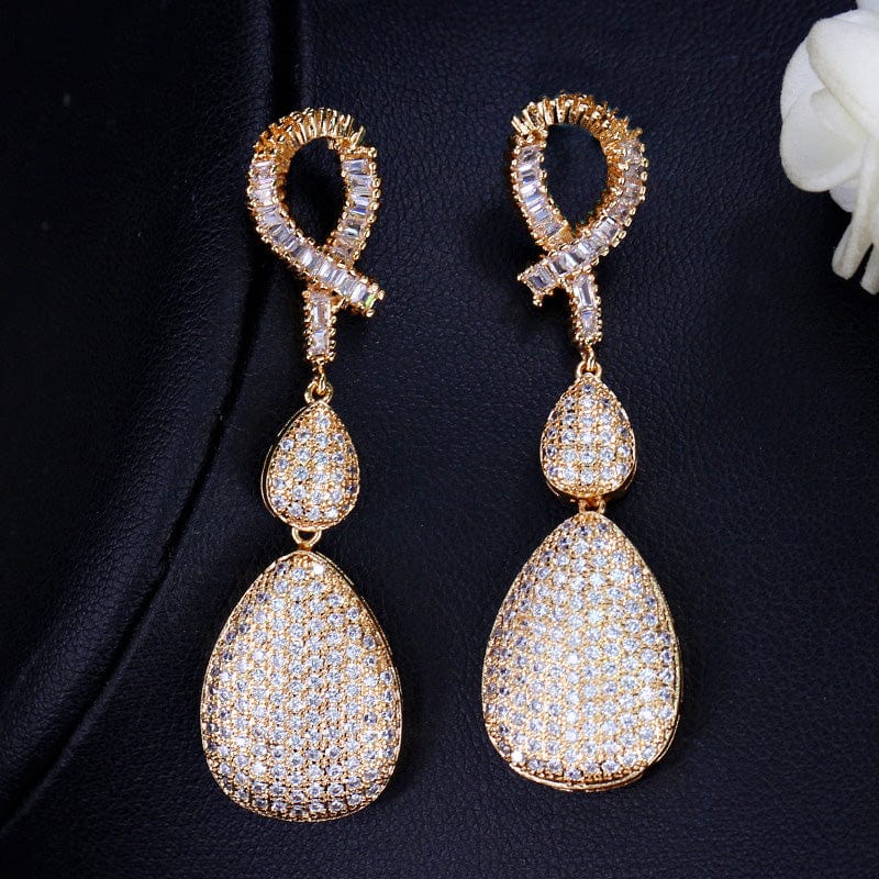 E0010 Good Quality Wedding Evening Dress Gold Plate Jewelry Micro Pave Cubic Zirconia Stones Long Drop Golden Earrings for Women