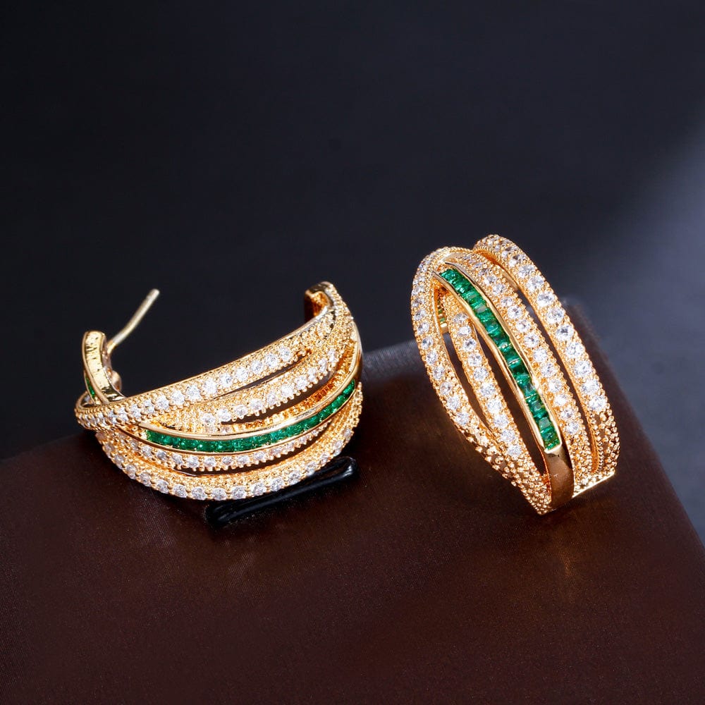 E0865 Geometric Multiple Chunky Twisted Round Green Cubic Zirconia Hoop Earrings for Women Yellow Gold Plated CZ Hip Hop Jewelry