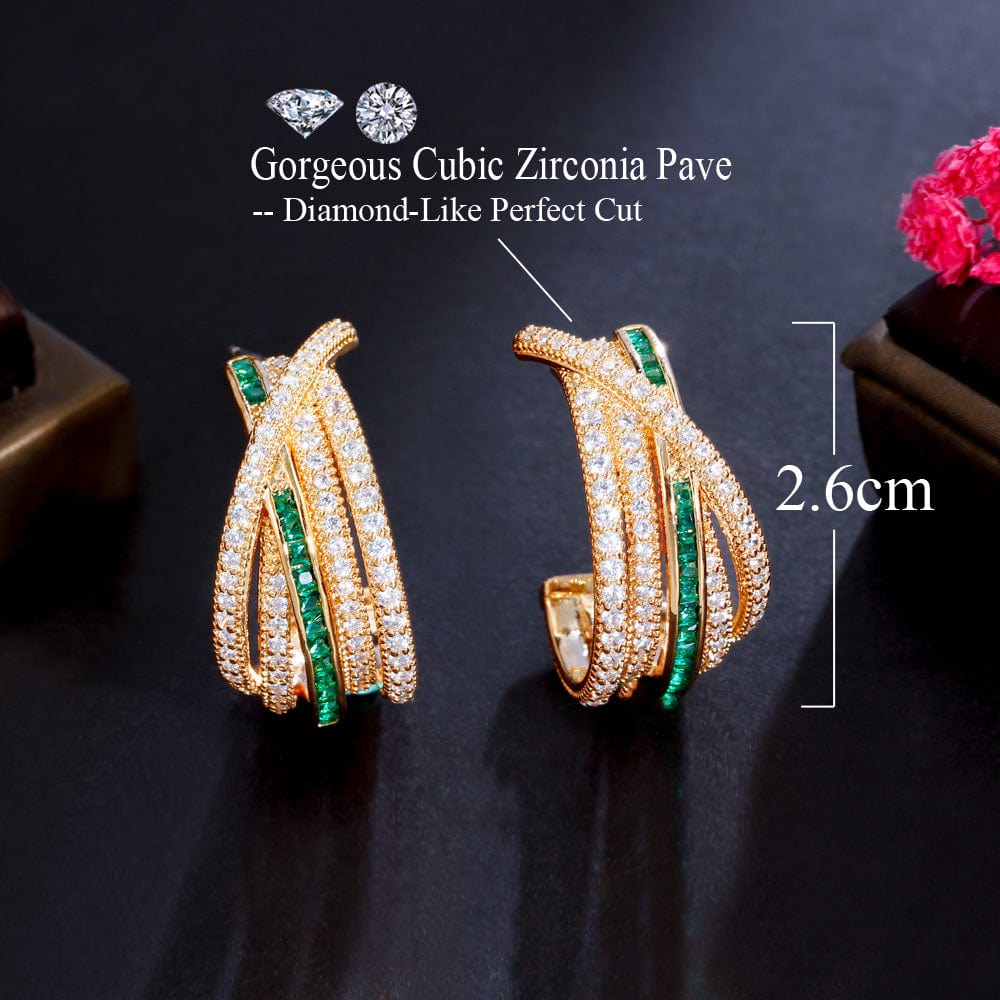 E0865 Geometric Multiple Chunky Twisted Round Green Cubic Zirconia Hoop Earrings for Women Yellow Gold Plated CZ Hip Hop Jewelry