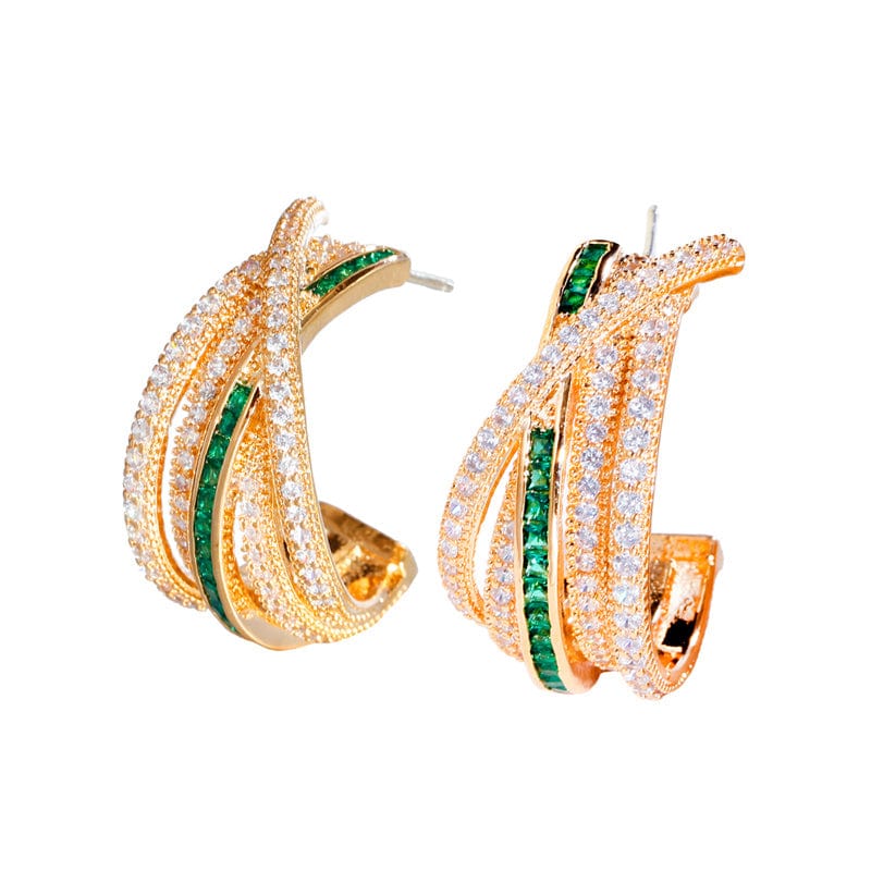 E0865 Geometric Multiple Chunky Twisted Round Green Cubic Zirconia Hoop Earrings for Women Yellow Gold Plated CZ Hip Hop Jewelry