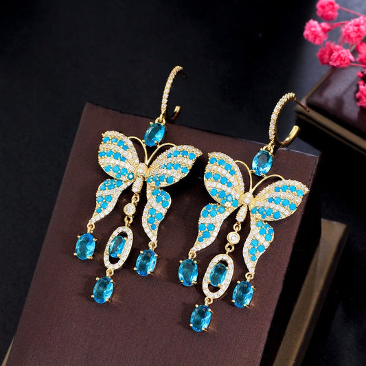 E0895 Fancy Light Blue Turkish Cubic Zirconia Stone Tassel Big Extra Long Dangling Drop Butterfly Earring for Women Boho Party Jewelry