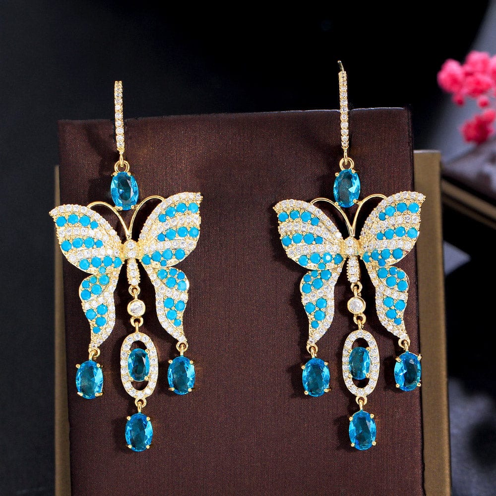 E0895 Fancy Light Blue Turkish Cubic Zirconia Stone Tassel Big Extra Long Dangling Drop Butterfly Earring for Women Boho Party Jewelry