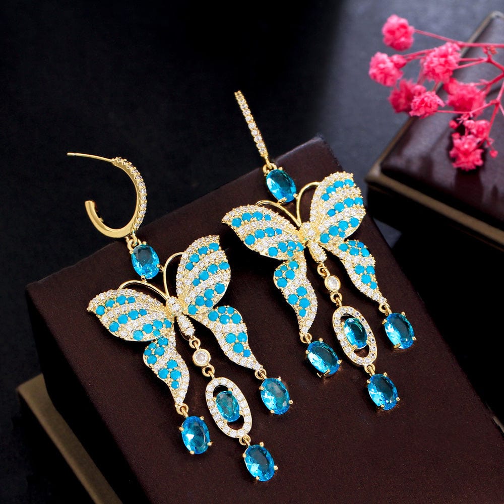 E0895 Fancy Light Blue Turkish Cubic Zirconia Stone Tassel Big Extra Long Dangling Drop Butterfly Earring for Women Boho Party Jewelry