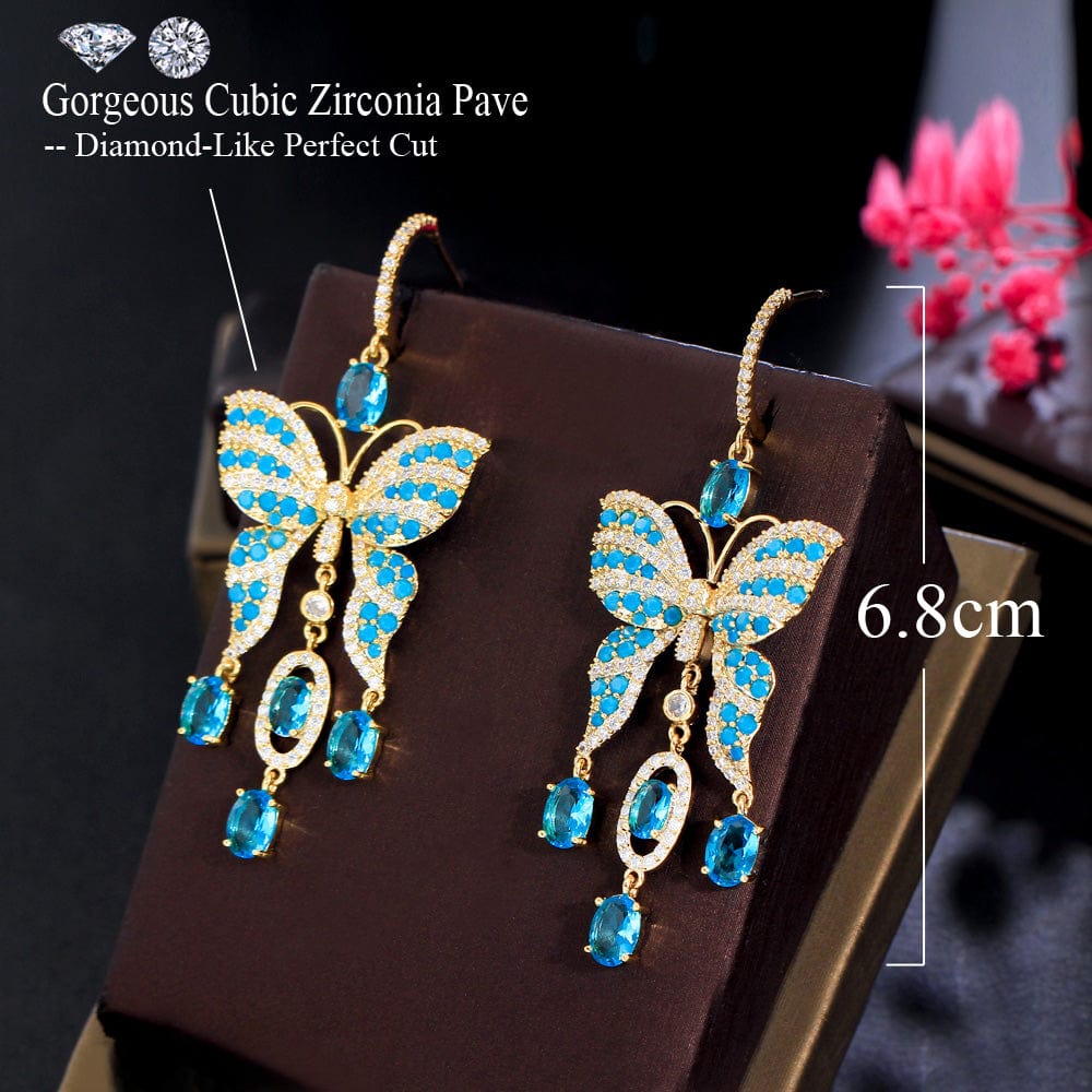 E0895 Fancy Light Blue Turkish Cubic Zirconia Stone Tassel Big Extra Long Dangling Drop Butterfly Earring for Women Boho Party Jewelry