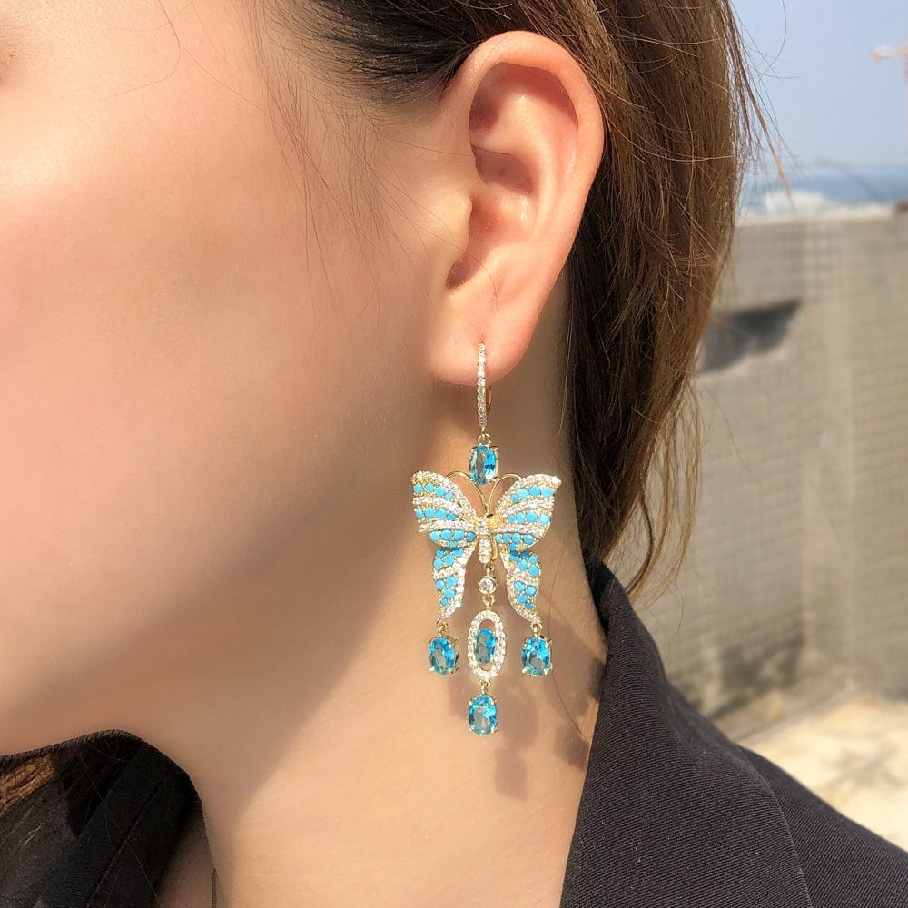 E0895 Fancy Light Blue Turkish Cubic Zirconia Stone Tassel Big Extra Long Dangling Drop Butterfly Earring for Women Boho Party Jewelry