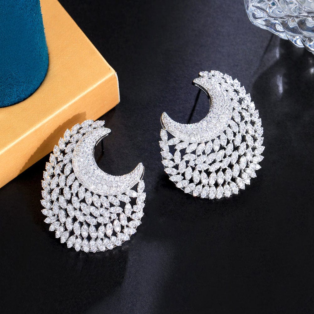 E0976 Glittering Fancy Half Round Moon Shape Big Cubic Zirconia Drop Party Earrings Luxury Women Girls Wedding Banquet Jewelry