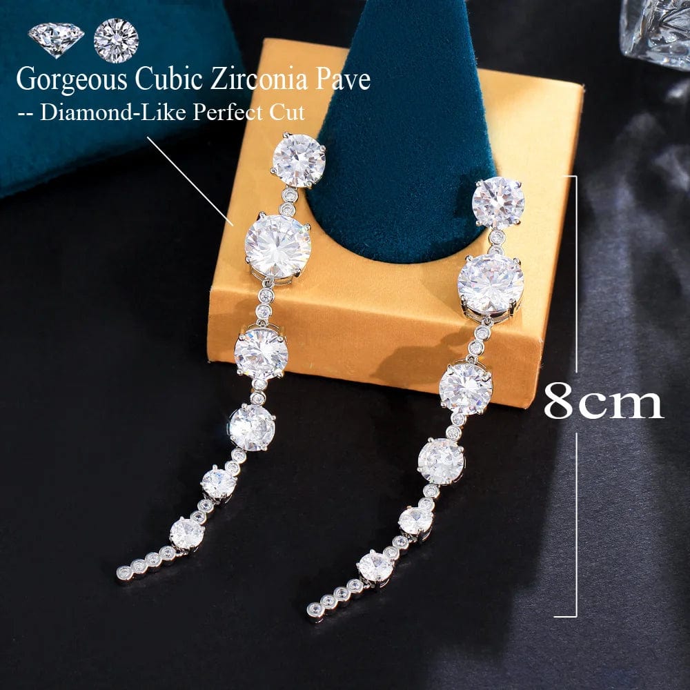 E0993 Sparkly White Round CZ Crystal Jewelry Bridal Super Long Earrings for women Wedding Dress Cubic Zirconia Accessories