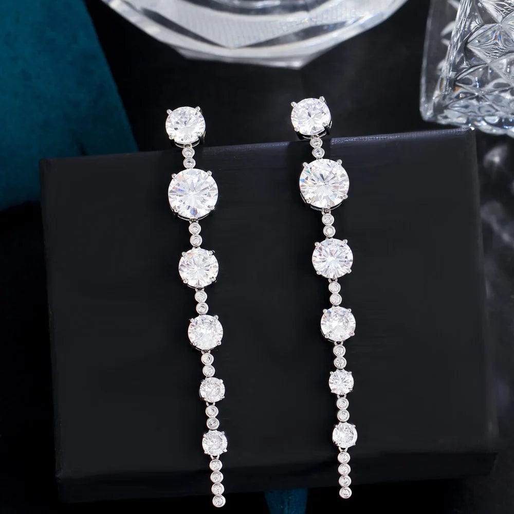 E0993 Sparkly White Round CZ Crystal Jewelry Bridal Super Long Earrings for women Wedding Dress Cubic Zirconia Accessories